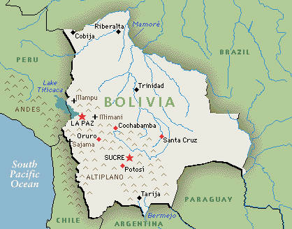 Click here to view a larger more detailed map of Bolivia. Click on the cities to view city specific information.